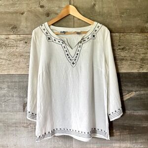 Richard Malcolm Embroidered Irish Linen Top M White V-Neck Flowy Peasant Boho
